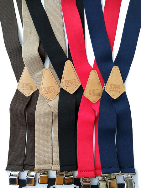 Hired Hand Mens 48" Elastic Fabric Western Suspenders in multiple colors. If you need any assistance with this item or the purchase of this item please call us at five six one seven four eight eight eight zero one Monday through Saturday 10:00a.m EST to 8:00 p.m EST