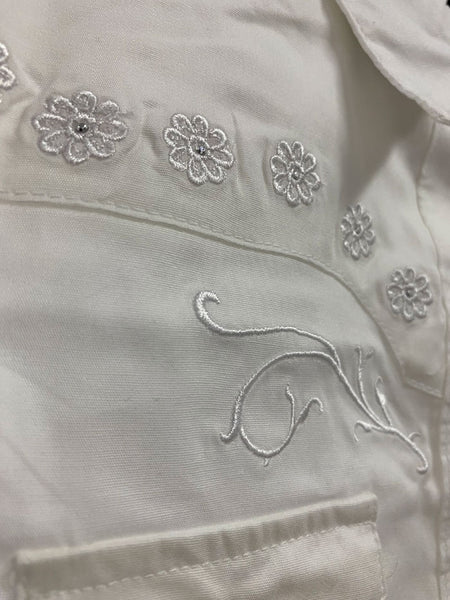 Wrangler 10GW7001W Girls Rhinestones Embroidery Western Shirt White close up. If you need any assistance with this item or the purchase of this item please call us at five six one seven four eight eight eight zero one Monday through Saturday 10:00a.m EST to 8:00 p.m EST