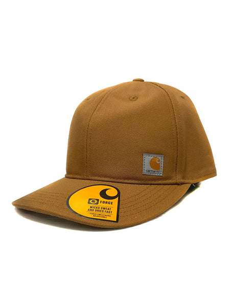 Carhartt 101604-211 Firm Duck Flat Brim Cap Brown side and front view. If you need any assistance with this item or the purchase of this item please call us at five six one seven four eight eight eight zero one Monday through Saturday 10:00a.m EST to 8:00 p.m EST