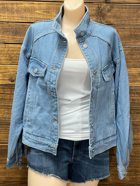 Fate FJ4302 Womens Fringe Denim Jacket Light Medium Wash front view. If you need any assistance with this item or the purchase of this item please call us at five six one seven four eight eight eight zero one Monday through Saturday 10:00a.m EST to 8:00 p.m EST