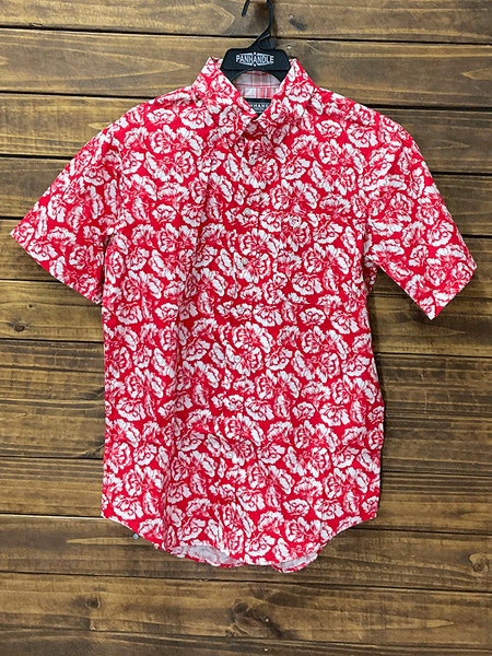 Panhandle 37D3176 Mens Floral Short Sleeve Button Shirts Scarlet Red front view on hanger. If you need any assistance with this item or the purchase of this item please call us at five six one seven four eight eight eight zero one Monday through Saturday 10:00a.m EST to 8:00 p.m EST