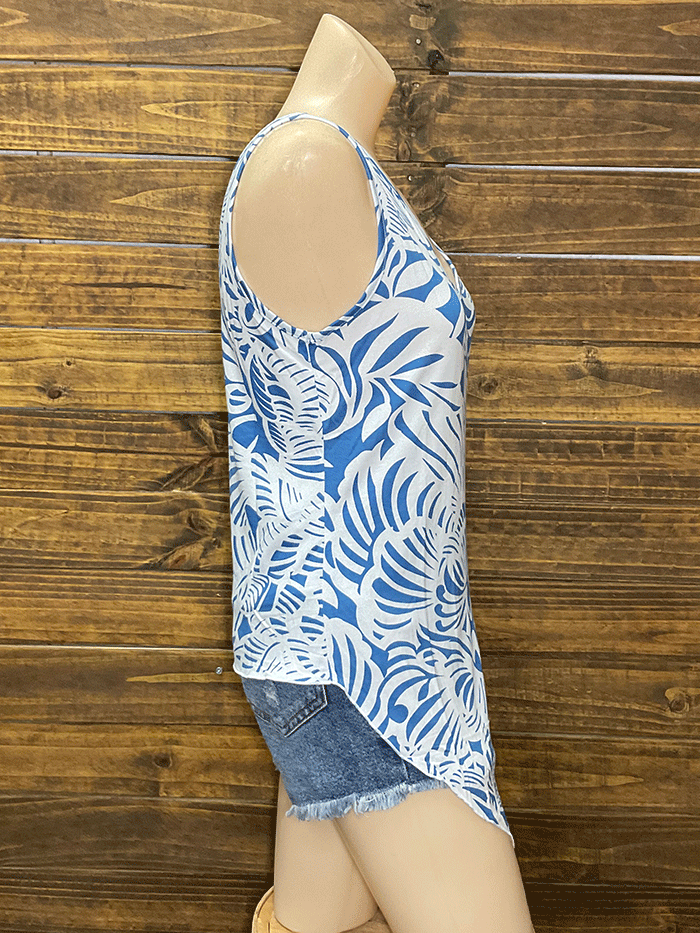 Santiki 6239-1032 Womens Sleeveless Tomi Top Blue Jungle Burst front view with tie front. If you need any assistance with this item or the purchase of this item please call us at five six one seven four eight eight eight zero one Monday through Saturday 10:00a.m EST to 8:00 p.m EST