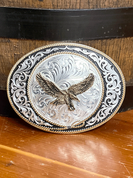 Montana Silversmiths 6190-249 Ranch Rope Eagle Buckle Silver front view. If you need any assistance with this item or the purchase of this item please call us at five six one seven four eight eight eight zero one Monday through Saturday 10:00a.m EST to 8:00 p.m EST