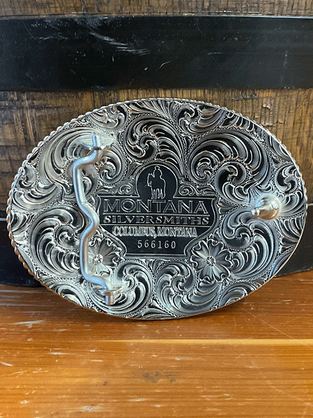 Montana Silversmiths G6128-501 Saddle Bronc Buckle back view. If you need any assistance with this item or the purchase of this item please call us at five six one seven four eight eight eight zero one Monday through Saturday 10:00a.m EST to 8:00 p.m EST