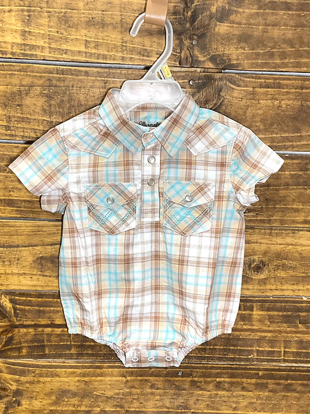 Wrangler 112315099 Infants Short Sleeve Plaid Bodysuit Beige front view. If you need any assistance with this item or the purchase of this item please call us at five six one seven four eight eight eight zero one Monday through Saturday 10:00a.m EST to 8:00 p.m EST