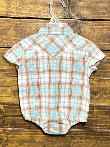 Wrangler 112315099 Infants Short Sleeve Plaid Bodysuit Beige back view. If you need any assistance with this item or the purchase of this item please call us at five six one seven four eight eight eight zero one Monday through Saturday 10:00a.m EST to 8:00 p.m EST