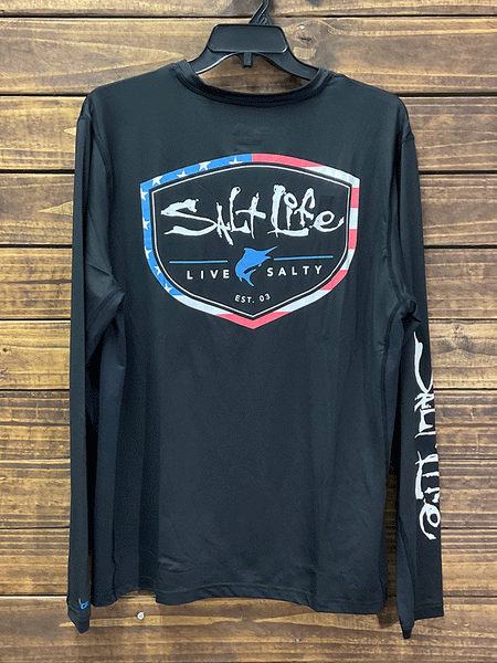Salt Life SLM6215 Mens Live Salty Amerishield Long Sleeve Performance Tee Black back view. If you need any assistance with this item or the purchase of this item please call us at five six one seven four eight eight eight zero one Monday through Saturday 10:00a.m EST to 8:00 p.m EST
