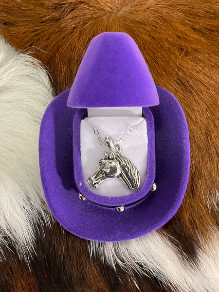 Western Express JN103 Horse Head Necklace In Cowboy Hat Gift Box front view open box. If you need any assistance with this item or the purchase of this item please call us at five six one seven four eight eight eight zero one Monday through Saturday 10:00a.m EST to 8:00 p.m EST