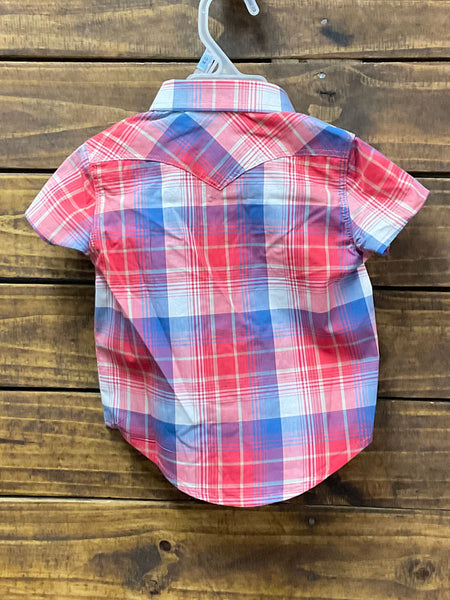 Wrangler 112315082 Infants Short Sleeve Western Snap Plaid Shirt Red Cherry back view. If you need any assistance with this item or the purchase of this item please call us at five six one seven four eight eight eight zero one Monday through Saturday 10:00a.m EST to 8:00 p.m EST