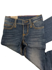 Wrangler 09MWGMS Girls Premium Patch Boot Cut Jean Medium Blue front view. If you need any assistance with this item or the purchase of this item please call us at five six one seven four eight eight eight zero one Monday through Saturday 10:00a.m EST to 8:00 p.m EST
