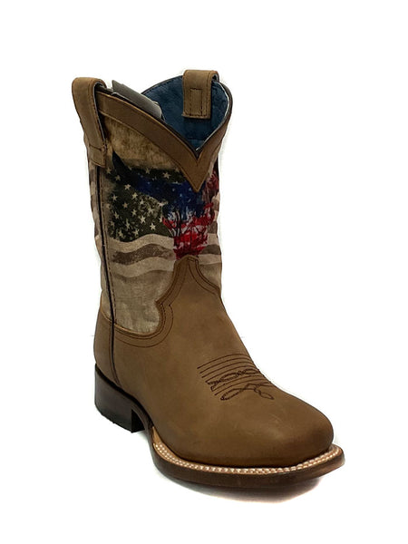 Roper 09-018-7001-1665 Kids American Bull Boot Tan front side view. If you need any assistance with this item or the purchase of this item please call us at five six one seven four eight eight eight zero one Monday through Saturday 10:00a.m EST to 8:00 p.m EST