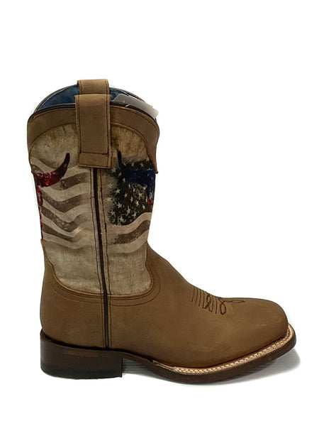 Roper 09-018-7001-1665 Kids American Bull Boot Tan side view. If you need any assistance with this item or the purchase of this item please call us at five six one seven four eight eight eight zero one Monday through Saturday 10:00a.m EST to 8:00 p.m EST