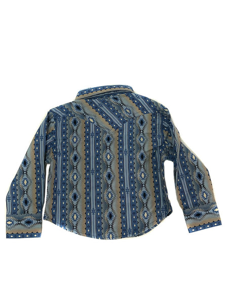 Wrangler 112317699 Baby Boy Shirt Bright Blue/Grey back view. If you need any assistance with this item or the purchase of this item please call us at five six one seven four eight eight eight zero one Monday through Saturday 10:00a.m EST to 8:00 p.m EST