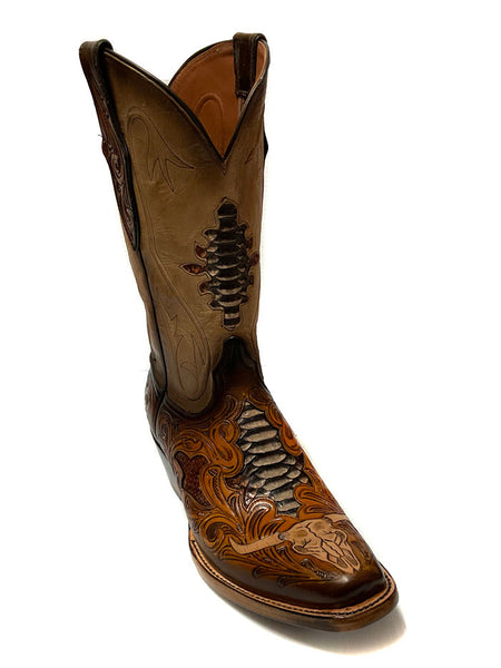 Black Jack HT-1425 Mens Hand Tooled Byson Skull Boot Rust Dyed side and front view. If you need any assistance with this item or the purchase of this item please call us at five six one seven four eight eight eight zero one Monday through Saturday 10:00a.m EST to 8:00 p.m EST