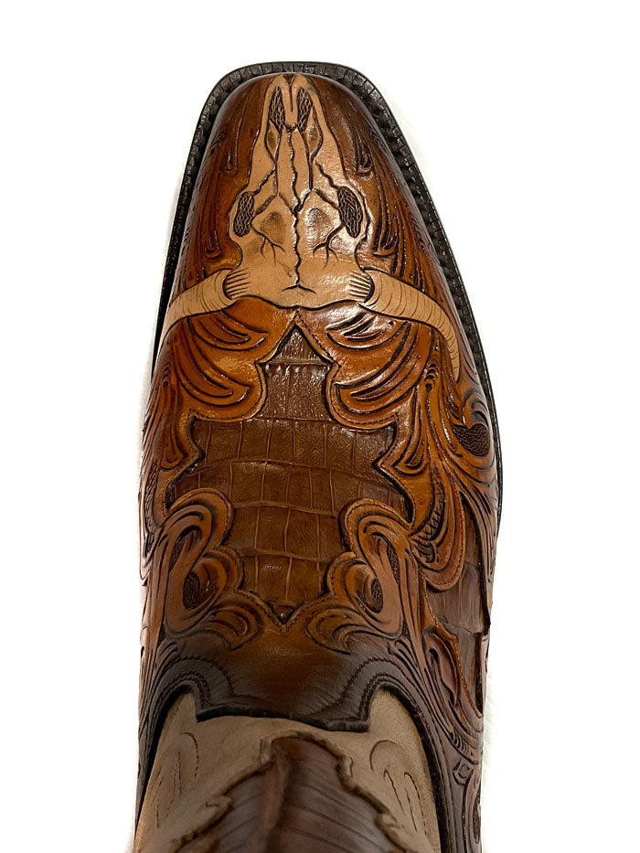 Black Jack MUHT-1425 Mens Hand Tooled Byson Skull Boot Mahogany side / front view. If you need any assistance with this item or the purchase of this item please call us at five six one seven four eight eight eight zero one Monday through Saturday 10:00a.m EST to 8:00 p.m EST