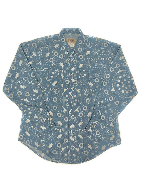 Rockmount 6733 Mens Bison Bandana Print Western Shirt Blue front view. If you need any assistance with this item or the purchase of this item please call us at five six one seven four eight eight eight zero one Monday through Saturday 10:00a.m EST to 8:00 p.m EST