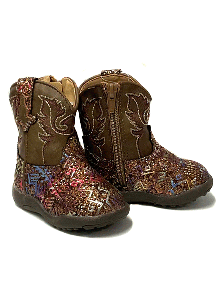 Roper 09-016-1225-2986 Infants Cowbabies Glitter Aztec Boot Brown side and front view-pair. If you need any assistance with this item or the purchase of this item please call us at five six one seven four eight eight eight zero one Monday through Saturday 10:00a.m EST to 8:00 p.m EST