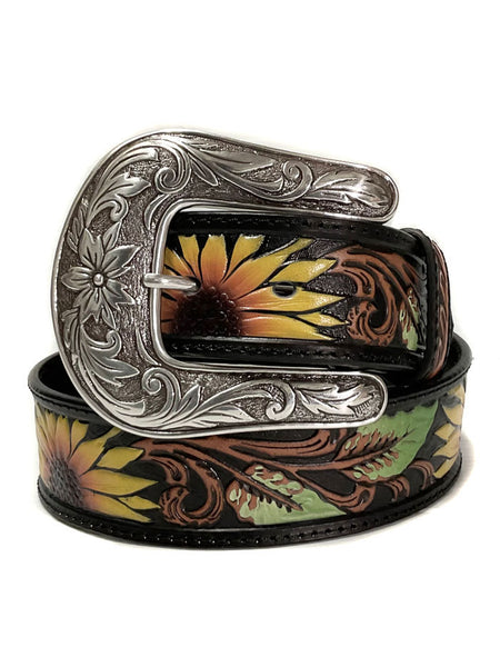 Nocona N320002301 Womens Sunflower Tooled Leather Belt Black front view
