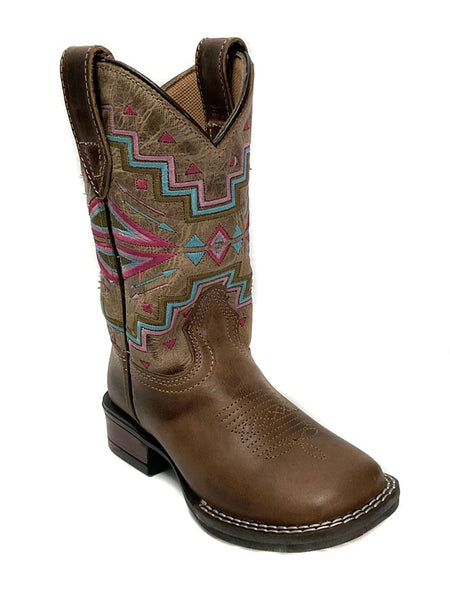 Roper 09-018-0912-2569 BR Kids Monterey Aztec leather Boot Brown side / front view. If you need any assistance with this item or the purchase of this item please call us at five six one seven four eight eight eight zero one Monday through Saturday 10:00a.m EST to 8:00 p.m EST