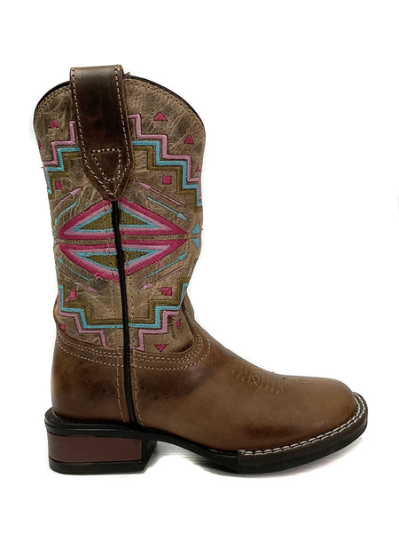 Roper 09-018-0912-2569 BR Kids Monterey Aztec leather Boot Brown side view. If you need any assistance with this item or the purchase of this item please call us at five six one seven four eight eight eight zero one Monday through Saturday 10:00a.m EST to 8:00 p.m EST