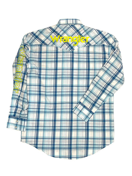 Wrangler 112324644 Mens Logo Long Sleeve Snap Shirt Blue back view. If you need any assistance with this item or the purchase of this item please call us at five six one seven four eight eight eight zero one Monday through Saturday 10:00a.m EST to 8:00 p.m EST