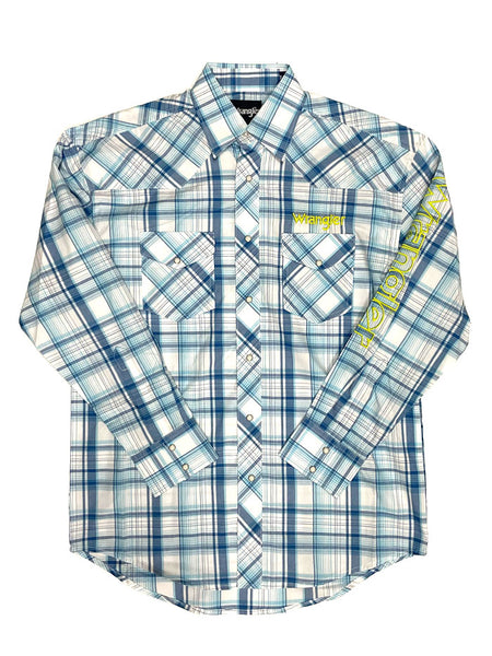 Wrangler 112324644 Mens Logo Long Sleeve Snap Shirt Blue front view. If you need any assistance with this item or the purchase of this item please call us at five six one seven four eight eight eight zero one Monday through Saturday 10:00a.m EST to 8:00 p.m EST