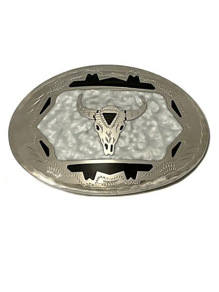 Colorado Silver Star 6005-WBB Silver Oval Skull Buckle Black And White Pearl front view. If you need any assistance with this item or the purchase of this item please call us at five six one seven four eight eight eight zero one Monday through Saturday 10:00a.m EST to 8:00 p.m EST
