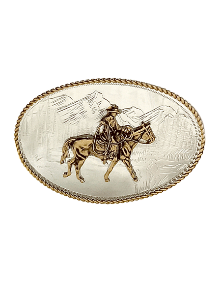Montana Silversmiths 6250-931L Etched Mountains Ridin' For The Brand Cowboy Buckle Silver front view. If you need any assistance with this item or the purchase of this item please call us at five six one seven four eight eight eight zero one Monday through Saturday 10:00a.m EST to 8:00 p.m EST