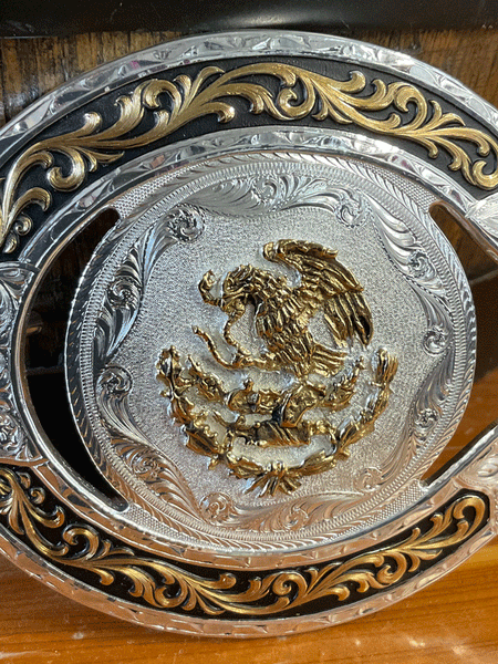 Montana Silversmiths 61375-674 National Mexican Emblem Two Tone Horseshoe Buckle Silver close up front. If you need any assistance with this item or the purchase of this item please call us at five six one seven four eight eight eight zero one Monday through Saturday 10:00a.m EST to 8:00 p.m EST