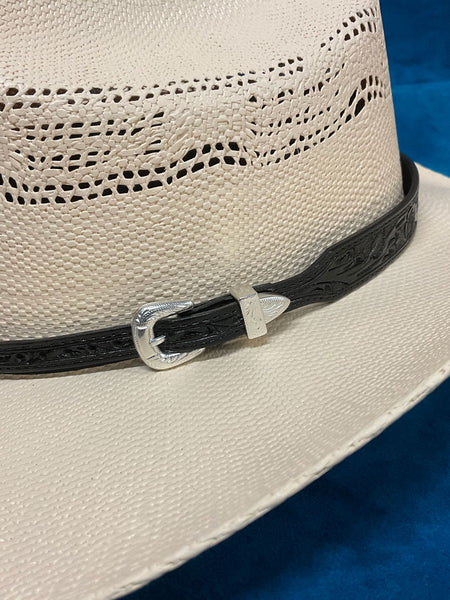 Fashionwest LC69-BK Leather Hatband Black on hat close up view of buckle. If you need any assistance with this item or the purchase of this item please call us at five six one seven four eight eight eight zero one Monday through Saturday 10:00a.m EST to 8:00 p.m EST