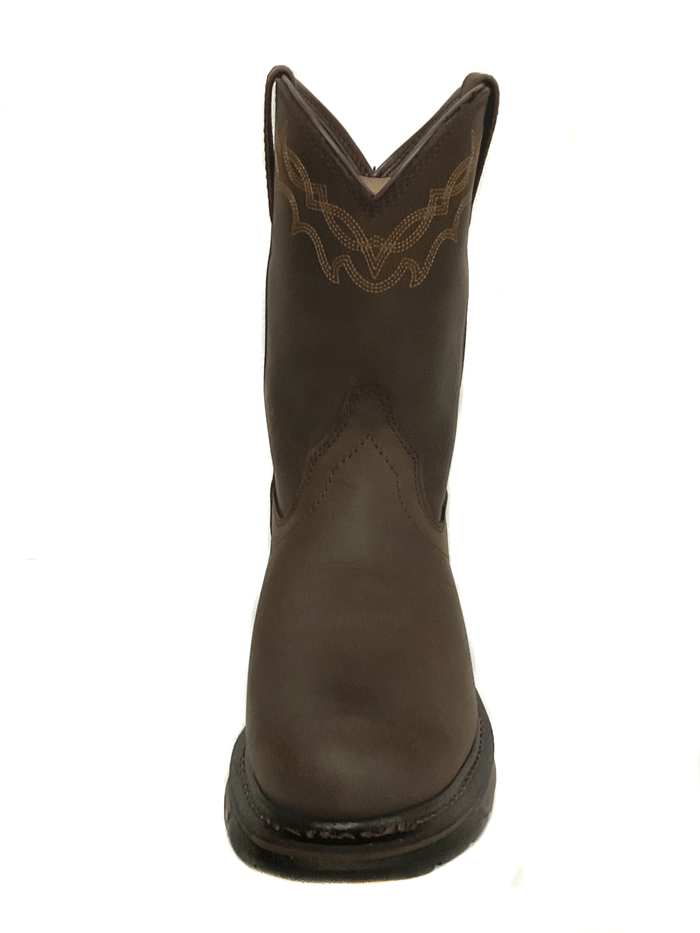 Ariat 10008633 Mens WorkHog Waterproof Work Boot Oily Distressed Brown front and side view.If you need any assistance with this item or the purchase of this item please call us at five six one seven four eight eight eight zero one Monday through Saturday 10:00a.m EST to 8:00 p.m EST