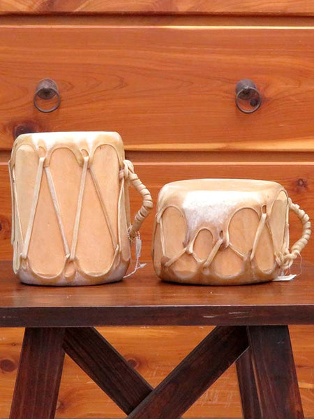 Native American Natural Cowhide Wooden Drum side view. If you need any assistance with this item or the purchase of this item please call us at five six one seven four eight eight eight zero one Monday through Saturday 10:00a.m EST to 8:00 p.m EST