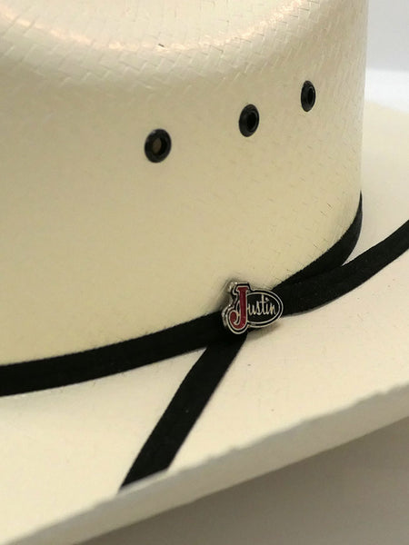 Justin JS1156RCHD 10X Ranch Hand Straw Cowboy Hat Ivory Closeup view of eyelets and band. If you need any assistance with this item or the purchase of this item please call us at five six one seven four eight eight eight zero one Monday through Saturday 10:00a.m EST to 8:00 p.m EST