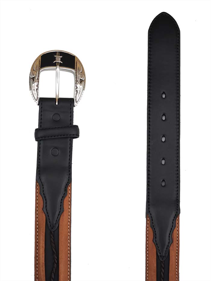 Justin C10813 Mens Fenced In Belt Aged Bark And Black front view. If you need any assistance with this item or the purchase of this item please call us at five six one seven four eight eight eight zero one Monday through Saturday 10:00a.m EST to 8:00 p.m EST