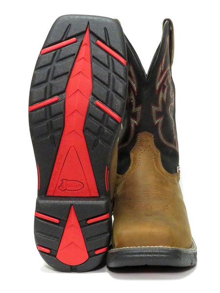 Justin WK4337 Mens Stampede Rush Waterproof Composite Toe Work Boot Tan Sole and front view. If you need any assistance with this item or the purchase of this item please call us at five six one seven four eight eight eight zero one Monday through Saturday 10:00a.m EST to 8:00 p.m EST