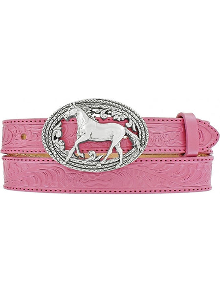 Justin C30201 Kids Lil Beauty Leather Belt With Horse Buckle Pink front view. If you need any assistance with this item or the purchase of this item please call us at five six one seven four eight eight eight zero one Monday through Saturday 10:00a.m EST to 8:00 p.m EST