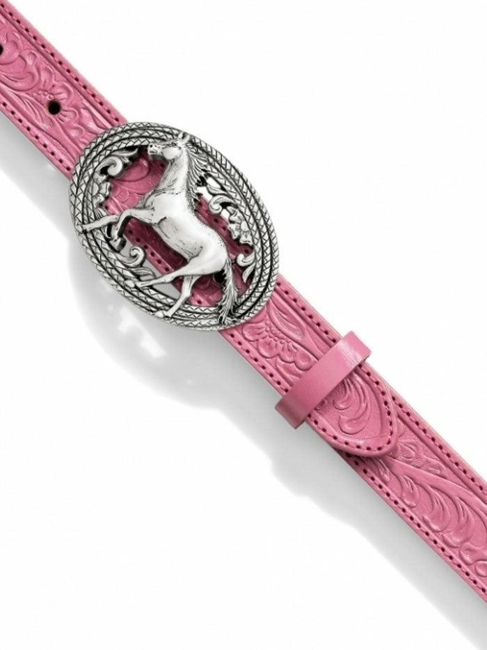 Justin C30201 Kids Lil Beauty Leather Belt With Horse Buckle Pink front view. If you need any assistance with this item or the purchase of this item please call us at five six one seven four eight eight eight zero one Monday through Saturday 10:00a.m EST to 8:00 p.m EST