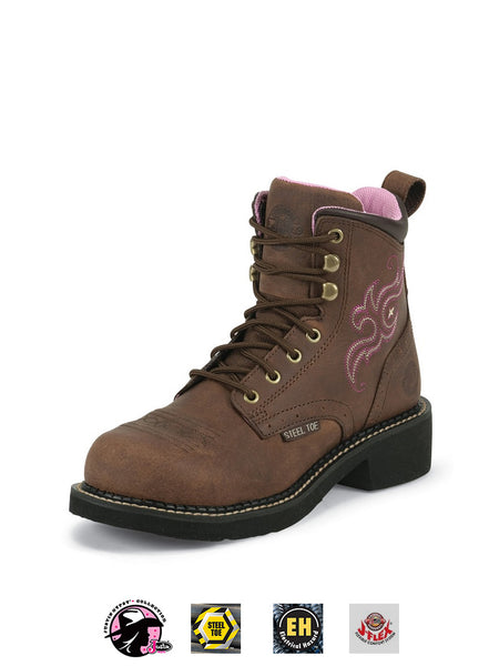 Justin WKL991 GY991 Womens Gypsy Steel Toe Work Boot Aged Bark front and side view. If you need any assistance with this item or the purchase of this item please call us at five six one seven four eight eight eight zero one Monday through Saturday 10:00a.m EST to 8:00 p.m EST
