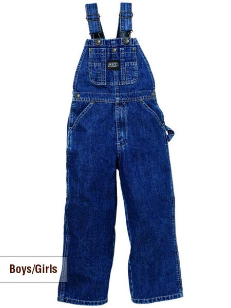 Key Industries KEY001 Kids Premium Washed Denim Overall Navy front view. If you need any assistance with this item or the purchase of this item please call us at five six one seven four eight eight eight zero one Monday through Saturday 10:00a.m EST to 8:00 p.m EST