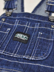 Key Industries KEY001 Kids Premium Washed Denim Overall Navy front pocket close up. If you need any assistance with this item or the purchase of this item please call us at five six one seven four eight eight eight zero one Monday through Saturday 10:00a.m EST to 8:00 p.m EST