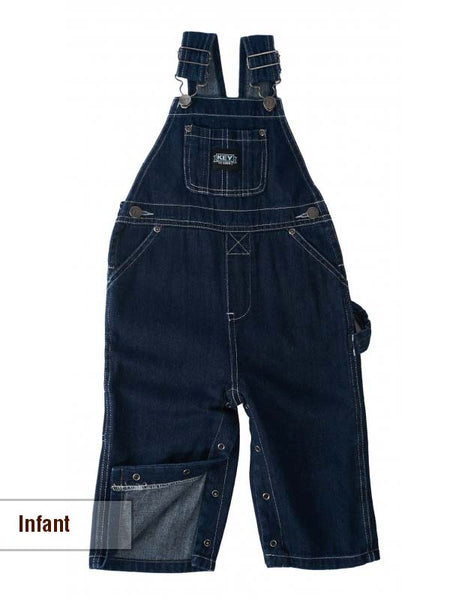Key Industries KEY001 Kids Premium Washed Denim Overall Navy front view infants. If you need any assistance with this item or the purchase of this item please call us at five six one seven four eight eight eight zero one Monday through Saturday 10:00a.m EST to 8:00 p.m EST