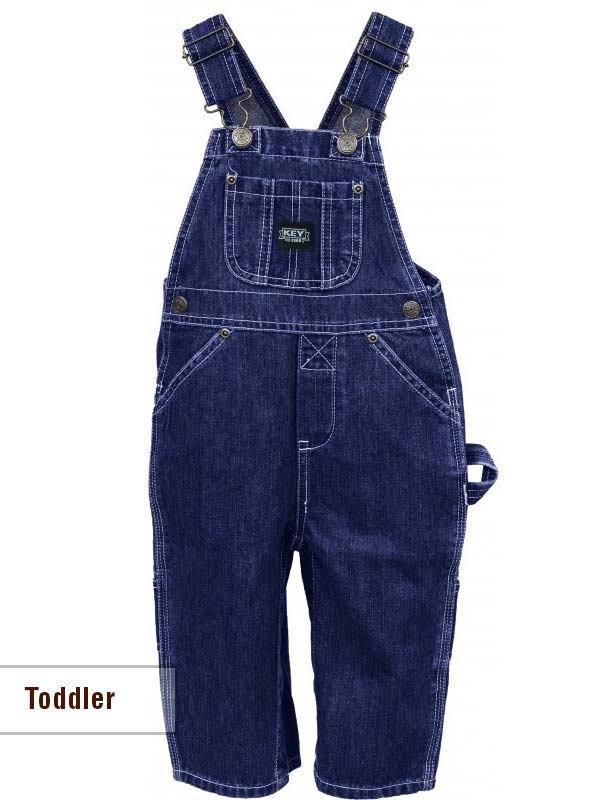 Key Industries KEY001 Kids Premium Washed Denim Overall Navy front view different sizes. If you need any assistance with this item or the purchase of this item please call us at five six one seven four eight eight eight zero one Monday through Saturday 10:00a.m EST to 8:00 p.m EST