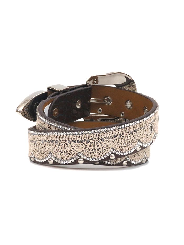 Angel Ranch A3652 Kids Tan Lace Clear Crystals Studs Belt Brown front view. If you need any assistance with this item or the purchase of this item please call us at five six one seven four eight eight eight zero one Monday through Saturday 10:00a.m EST to 8:00 p.m EST