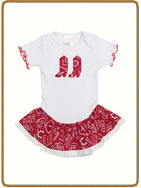 Kiddie Korral 11R Girls Cowgirl Onesie Ruffled Red front view. If you need any assistance with this item or the purchase of this item please call us at five six one seven four eight eight eight zero one Monday through Saturday 10:00a.m EST to 8:00 p.m EST