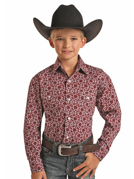 Panhandle C0S1614 Kids Long Sleeve Print Western Snap Shirts Maroon front view. If you need any assistance with this item or the purchase of this item please call us at five six one seven four eight eight eight zero one Monday through Saturday 10:00a.m EST to 8:00 p.m EST