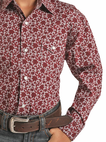 Panhandle C0S1614 Kids Long Sleeve Print Western Snap Shirts Maroon close up. If you need any assistance with this item or the purchase of this item please call us at five six one seven four eight eight eight zero one Monday through Saturday 10:00a.m EST to 8:00 p.m EST