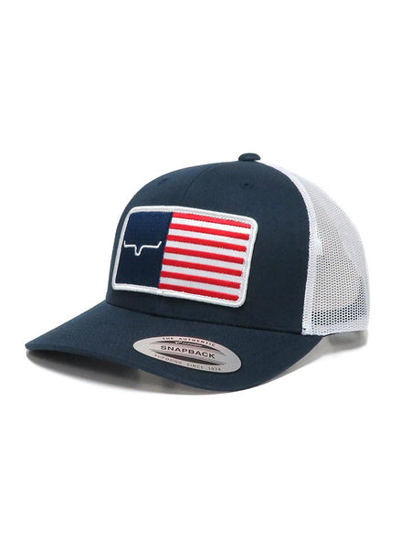 Kimes Ranch AMERICAN TRUCKER Mesh Back Cap Navy  front and side view. If you need any assistance with this item or the purchase of this item please call us at five six one seven four eight eight eight zero one Monday through Saturday 10:00a.m EST to 8:00 p.m EST