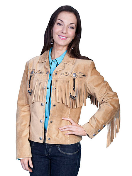 Scully  L152-126 Womens Fringe Suede Beaded Jacket Old Rust front view on model. If you need any assistance with this item or the purchase of this item please call us at five six one seven four eight eight eight zero one Monday through Saturday 10:00a.m EST to 8:00 p.m EST