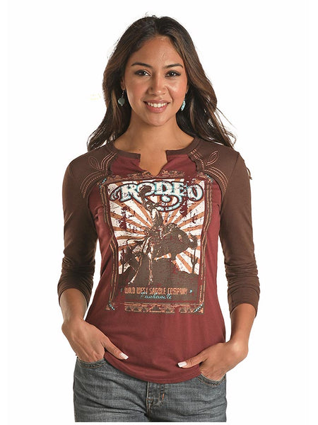 Panhandle L8T2076 Womens Stitched Yokes Long Sleeve Graphic Tee Burgundy front view. If you need any assistance with this item or the purchase of this item please call us at five six one seven four eight eight eight zero one Monday through Saturday 10:00a.m EST to 8:00 p.m EST
