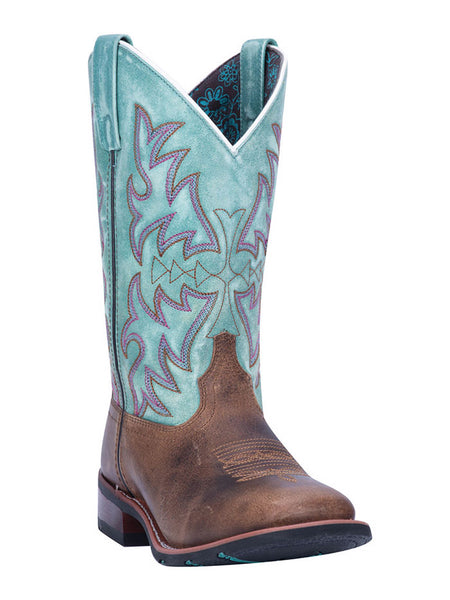 Laredo 5607 Womens Anita Square Toe Western Boot Brown Turquoise side and front view. If you need any assistance with this item or the purchase of this item please call us at five six one seven four eight eight eight zero one Monday through Saturday 10:00a.m EST to 8:00 p.m EST